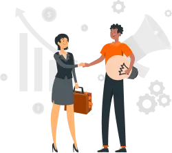 Two people shaking hands with marketing icons, symbolizing collaboration and strategies to reduce Cost Per Acquisition (CPA) and drive growth.