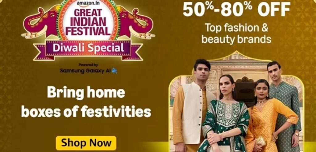 Amazon Great Indian Festival Diwali Special promotion banner offering 50%-80% off on fashion and beauty brands, featuring models in festive attire and a "Shop Now" button.