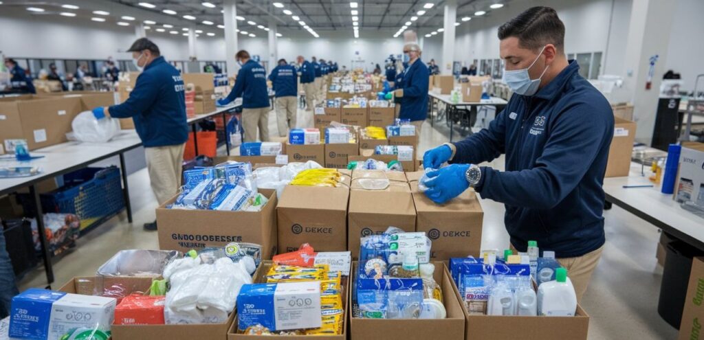 Workers in a large warehouse setting pack boxes filled with essential supplies, such as food and hygiene products, wearing masks and gloves as part of a company’s initiative to help people during challenging times.