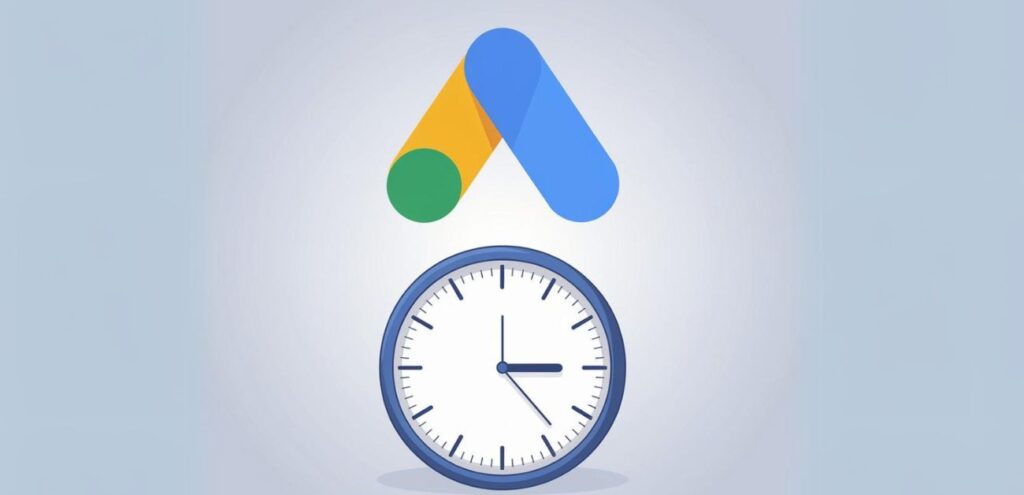  Google Ads logo above a clock icon representing ad scheduling and the concept of the best time to run ads.