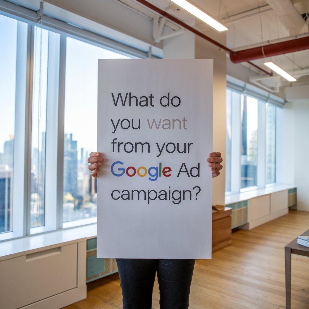  Person holding a poster that reads, "What do you want from your Google Ad campaign?" in an office setting.