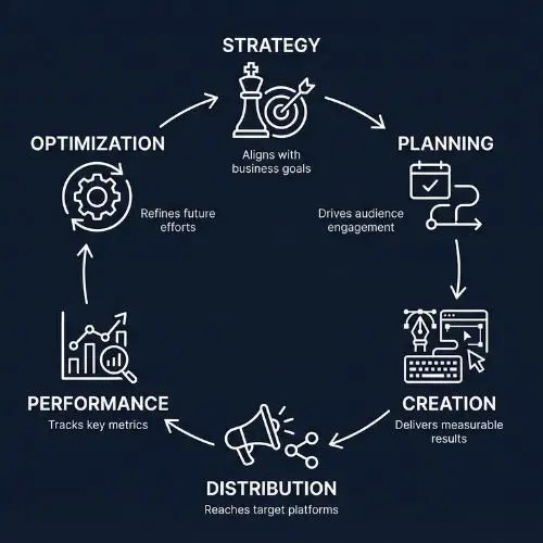 Content production workflow infographic showing Strategy, Planning, Creation, Distribution, Performance, and Optimization connected in a continuous process loop.